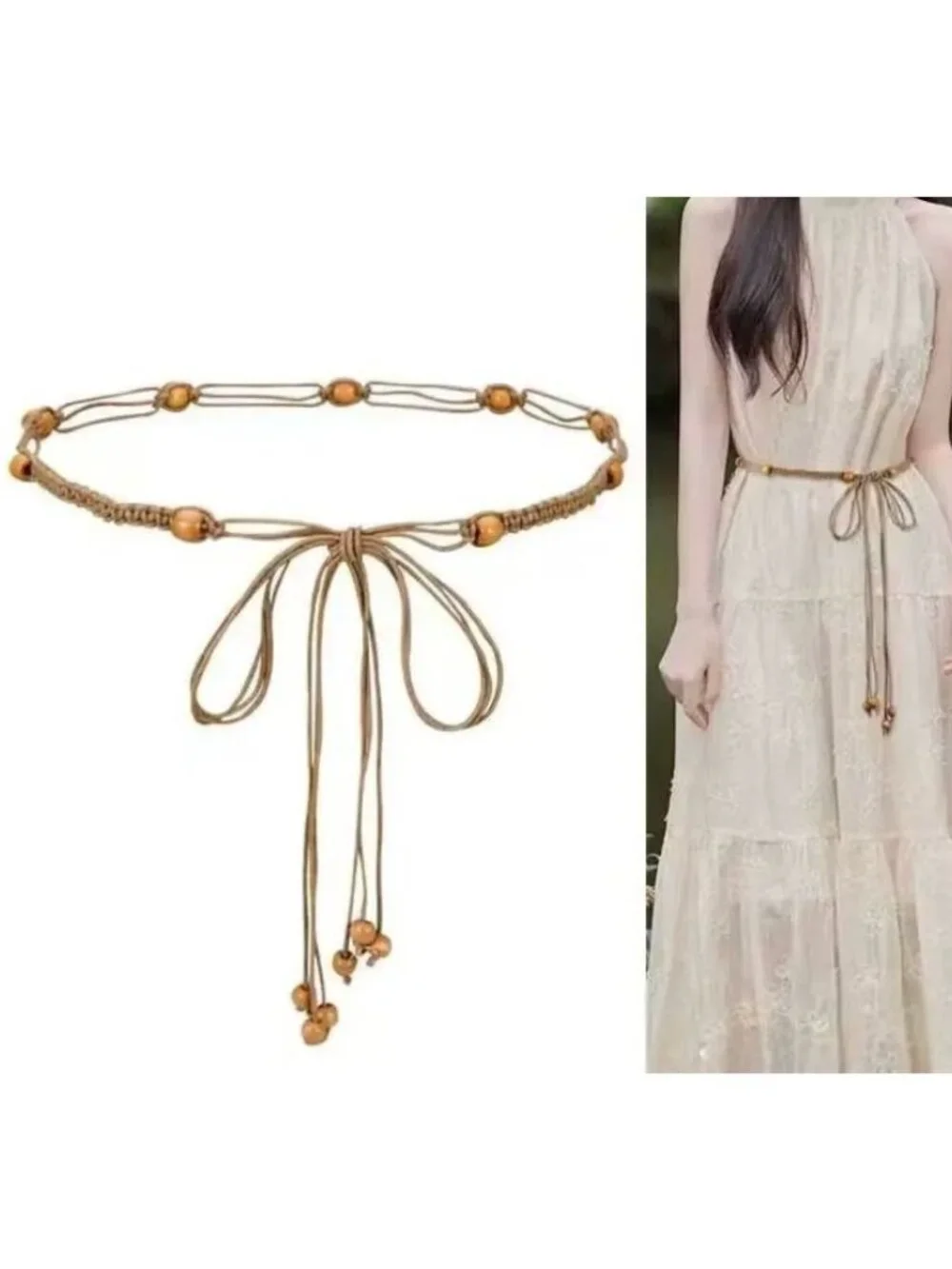 Light Brown Braided Rope Wrap-Around Belt With Wooden Beads